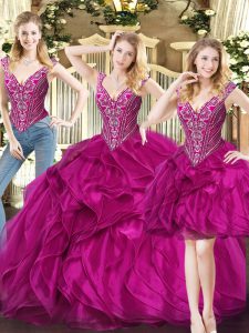 Inexpensive V-neck Sleeveless Lace Up 15th Birthday Dress Fuchsia Organza