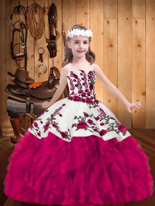 Beautiful Fuchsia Pageant Dress Party and Sweet 16 and Quinceanera and Wedding Party with Embroidery Straps Sleeveless Lace Up