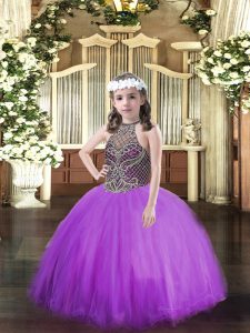 Eggplant Purple Ball Gowns Tulle Halter Top Sleeveless Beading Floor Length Lace Up Pageant Dress for Teens
