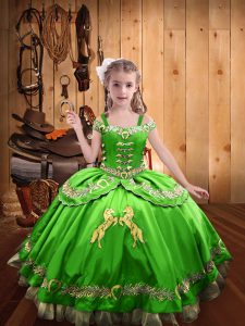Affordable Satin Lace Up Off The Shoulder Sleeveless Floor Length Little Girl Pageant Dress Beading and Embroidery