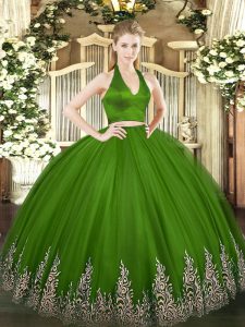 Traditional Green Sleeveless Appliques Floor Length 15th Birthday Dress