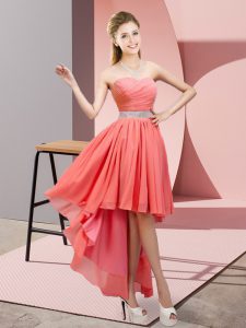 Cheap Sweetheart Sleeveless Quinceanera Court Dresses High Low Beading Watermelon Red Chiffon
