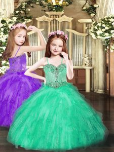 Turquoise Sleeveless Floor Length Beading and Ruffles Lace Up Little Girls Pageant Gowns
