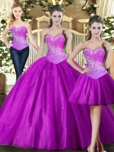 Wonderful Tulle Sweetheart Sleeveless Lace Up Beading Quinceanera Gowns in Fuchsia