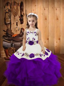Hot Selling Floor Length Purple Pageant Dress for Teens Tulle Sleeveless Embroidery and Ruffles