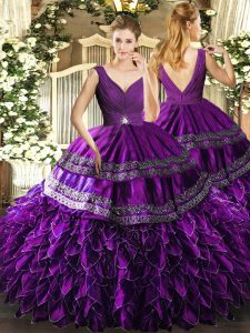 Eggplant Purple Ball Gowns V-neck Sleeveless Organza Floor Length Backless Beading and Ruffles and Ruching Military Ball Gowns