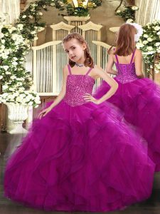 Fuchsia Ball Gowns Beading and Ruffles Kids Pageant Dress Lace Up Tulle Sleeveless Floor Length