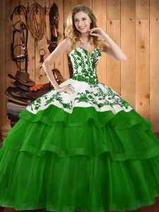Smart Organza Sweetheart Sleeveless Sweep Train Lace Up Embroidery Sweet 16 Dress in Dark Green