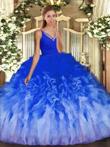 Tulle V-neck Sleeveless Backless Beading and Ruffles 15th Birthday Dress in Multi-color