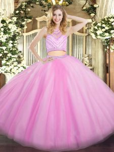 Inexpensive Lilac Zipper Quinceanera Gowns Beading and Ruffles Sleeveless Floor Length