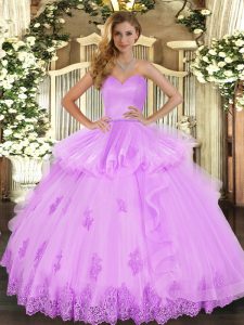 Delicate Sleeveless Tulle Floor Length Lace Up Quinceanera Dress in Lilac with Beading and Appliques and Ruffles