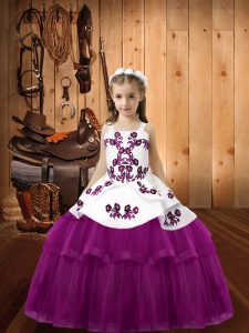 Straps Sleeveless Pageant Gowns For Girls Floor Length Embroidery Purple Tulle