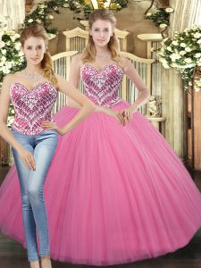 Tulle Sweetheart Sleeveless Lace Up Beading Quinceanera Gown in Rose Pink