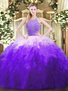 Exquisite Tulle Halter Top Sleeveless Zipper Beading and Ruffles Sweet 16 Dress in Multi-color