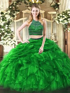 Green Sleeveless Beading and Ruffles Floor Length Military Ball Gowns
