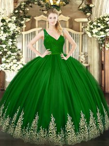 Green Tulle Zipper Quince Ball Gowns Sleeveless Floor Length Beading and Appliques