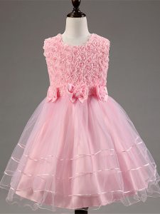 Baby Pink Ball Gowns Ruffled Layers and Hand Made Flower Evening Gowns Zipper Tulle Sleeveless Knee Length