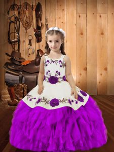 Fashionable Purple Ball Gowns Embroidery and Ruffles Winning Pageant Gowns Lace Up Organza Sleeveless Floor Length