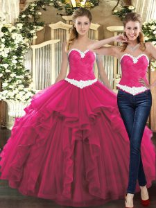 Admirable Fuchsia Lace Up Sweetheart Ruffles Quinceanera Gowns Tulle Sleeveless