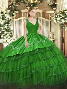 Charming Beading and Lace and Embroidery and Ruffled Layers Sweet 16 Dress Green Backless Sleeveless Floor Length