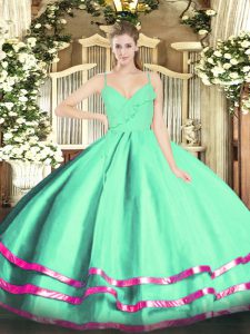 Best Selling Apple Green Ball Gowns Organza Spaghetti Straps Sleeveless Ruffled Layers Floor Length Zipper Quinceanera Gown
