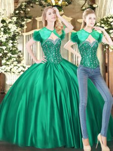 Cute Green Ball Gowns Sweetheart Sleeveless Tulle Floor Length Lace Up Beading Sweet 16 Dress