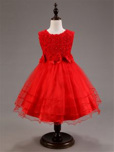 Knee Length Red Little Girls Pageant Dress Wholesale Tulle Sleeveless Ruffled Layers and Hand Made Flower