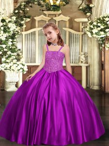 Purple Satin Lace Up Straps Sleeveless Floor Length Pageant Dress for Teens Beading