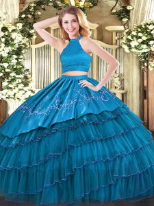 Elegant Organza Halter Top Sleeveless Backless Beading and Embroidery and Ruffled Layers Quinceanera Dress in Teal