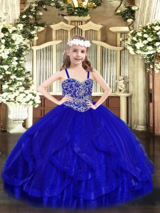 Floor Length Royal Blue Child Pageant Dress Tulle Sleeveless Beading and Ruffles