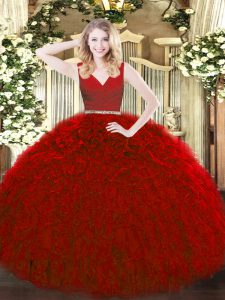 Suitable V-neck Sleeveless Quinceanera Gown Floor Length Beading and Ruffles Red Tulle