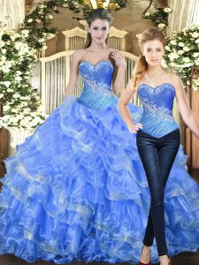 Modest Baby Blue Tulle Lace Up Sweetheart Sleeveless Floor Length 15 Quinceanera Dress Beading and Ruffles