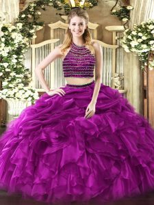 Wonderful Fuchsia 15 Quinceanera Dress Military Ball and Sweet 16 and Quinceanera with Beading and Ruffles Halter Top Sleeveless Zipper