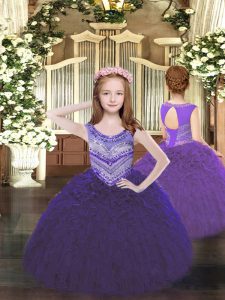 High Class Purple Lace Up Glitz Pageant Dress Beading and Ruffles Sleeveless Floor Length