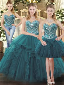 Sexy Teal Ball Gowns Beading and Ruffles Sweet 16 Dresses Lace Up Tulle Sleeveless Floor Length