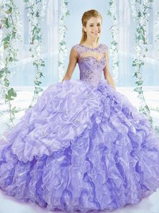 Sleeveless Beading and Ruffles and Pick Ups Lace Up Sweet 16 Dress with Lavender Brush Train