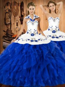 Great Halter Top Sleeveless Lace Up Sweet 16 Quinceanera Dress Blue And White Satin and Organza