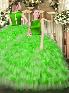 Customized Scoop Sleeveless Quince Ball Gowns Floor Length Ruffled Layers Organza