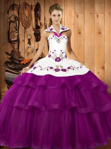 Eggplant Purple Sleeveless Organza Sweep Train Lace Up Ball Gown Prom Dress for Military Ball and Sweet 16 and Quinceanera