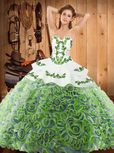 Traditional Multi-color Ball Gowns Satin and Fabric With Rolling Flowers Strapless Sleeveless Embroidery With Train Lace Up Sweet 16 Dress Sweep Train