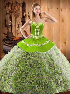 Fitting Sleeveless Satin and Fabric With Rolling Flowers With Train Sweep Train Lace Up Sweet 16 Dresses in Multi-color with Embroidery