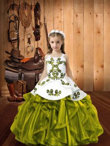 Beautiful Floor Length Olive Green Kids Formal Wear Straps Sleeveless Lace Up
