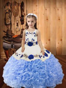 Dazzling Lavender Fabric With Rolling Flowers Lace Up Straps Sleeveless Floor Length Little Girls Pageant Dress Wholesale Embroidery and Ruffles