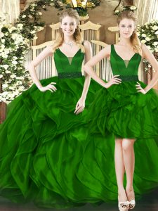 Gorgeous Dark Green Lace Up Straps Beading and Ruffles Quinceanera Dress Tulle Sleeveless