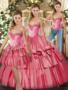 Floor Length Watermelon Red Sweet 16 Quinceanera Dress Organza Sleeveless Beading and Ruffled Layers