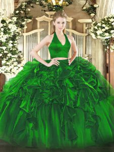 Floor Length Green Vestidos de Quinceanera Organza Sleeveless Ruffles