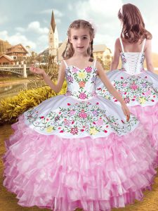 Stunning Rose Pink Sleeveless Organza and Taffeta Lace Up Pageant Gowns For Girls for Party and Wedding Party