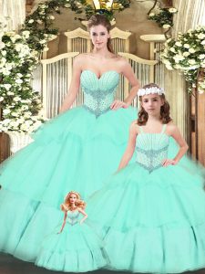 Trendy Aqua Blue Sleeveless Floor Length Beading and Ruching Lace Up Ball Gown Prom Dress