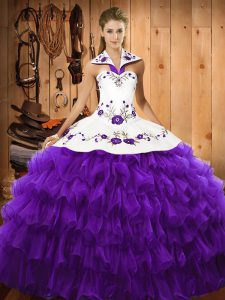 Organza Halter Top Sleeveless Lace Up Embroidery and Ruffled Layers Quinceanera Gown in Purple