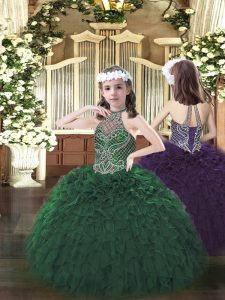 Floor Length Dark Green Pageant Dress Organza Sleeveless Beading and Ruffles